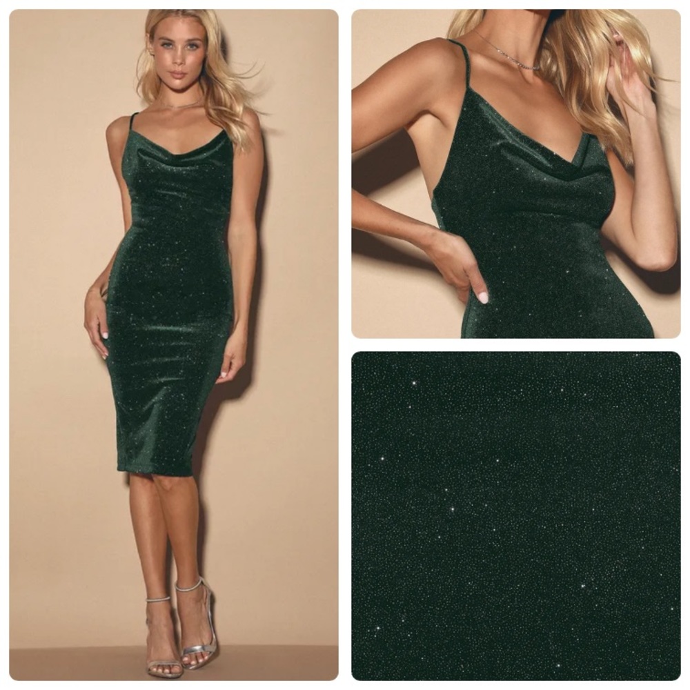 Lulu's Forest Green Velvet Glitter Cowl Neck Midi Dress